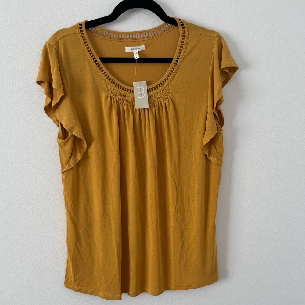NWT Maurices Mustard Yellow Flutter Sleeve Blouse Women’s Large